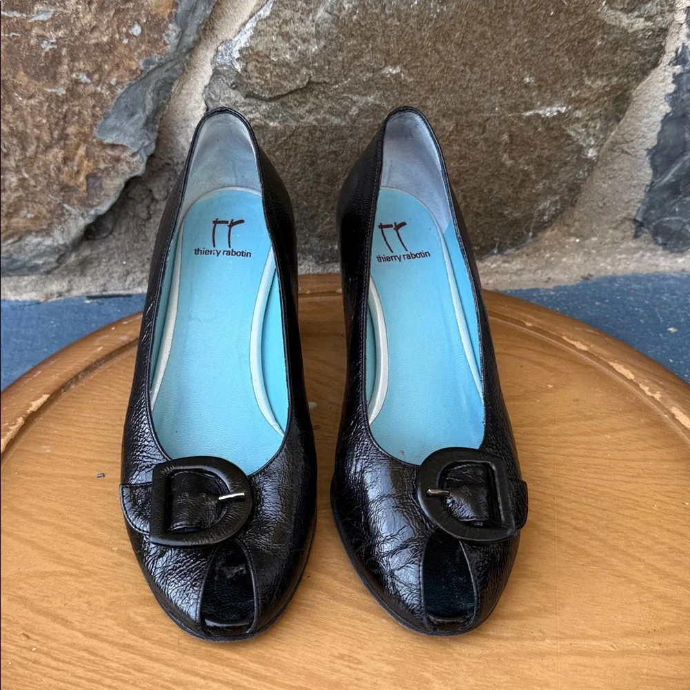 Thierry Rabotin Peep Toe Pumps Black Leather Low Heel Size 36.5